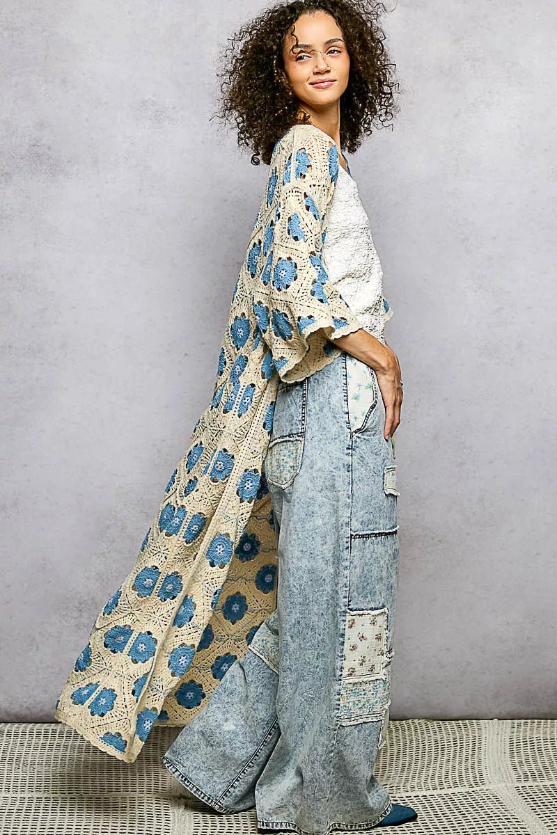POL Open Front Floral Crochet Longline Cardigan - Chandeliers Boutique ny