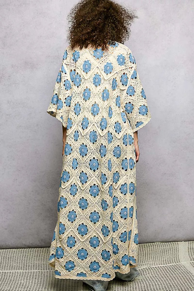 POL Open Front Floral Crochet Longline Cardigan - Chandeliers Boutique ny