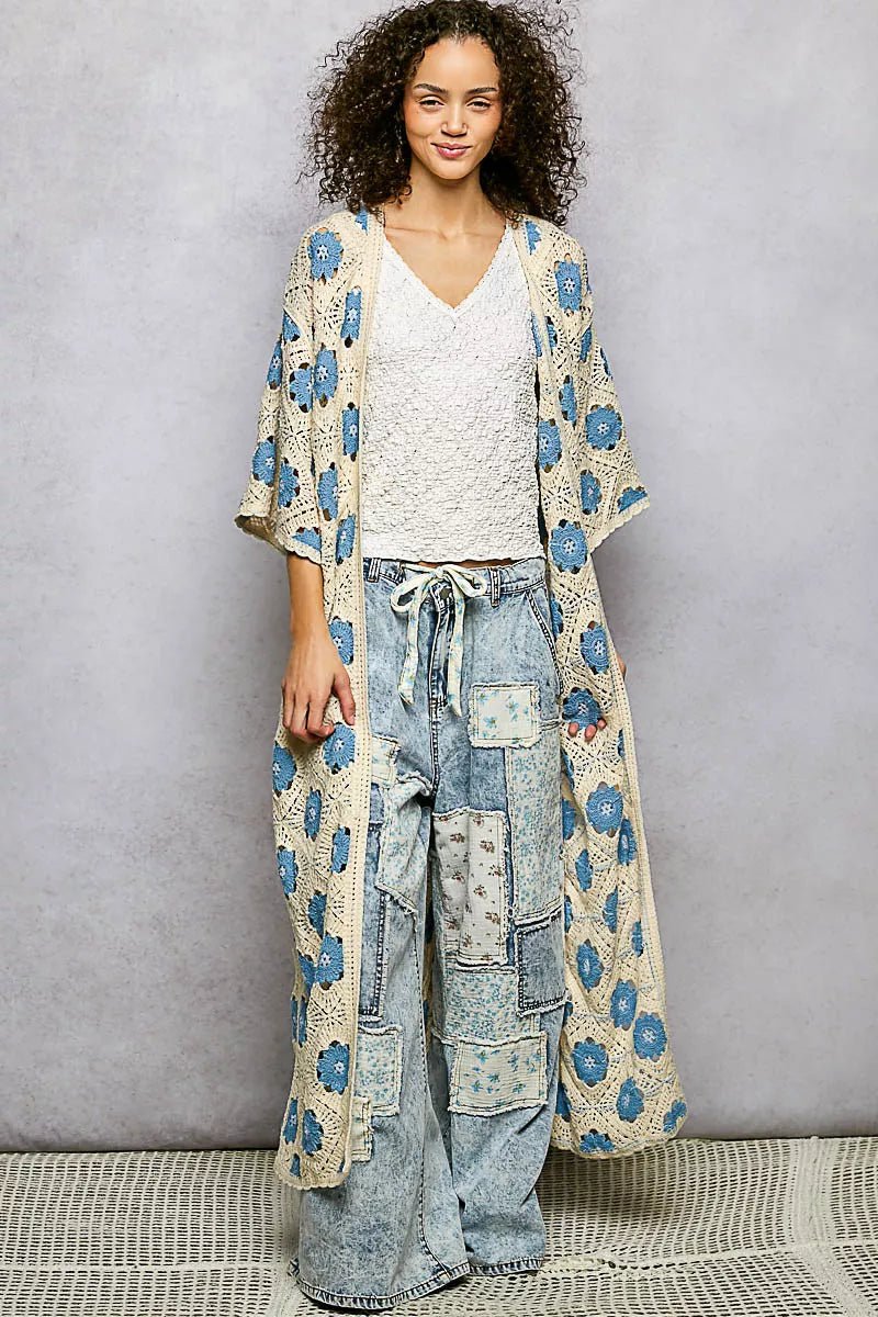 POL Open Front Floral Crochet Longline Cardigan - Chandeliers Boutique ny