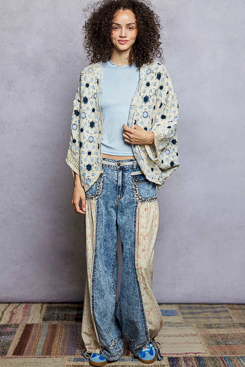 POL Open Front Floral Pattern Crochet Cardigan - Chandeliers Boutique ny
