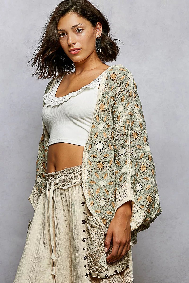 POL Open Front Floral Pattern Crochet Cardigan - Chandeliers Boutique ny