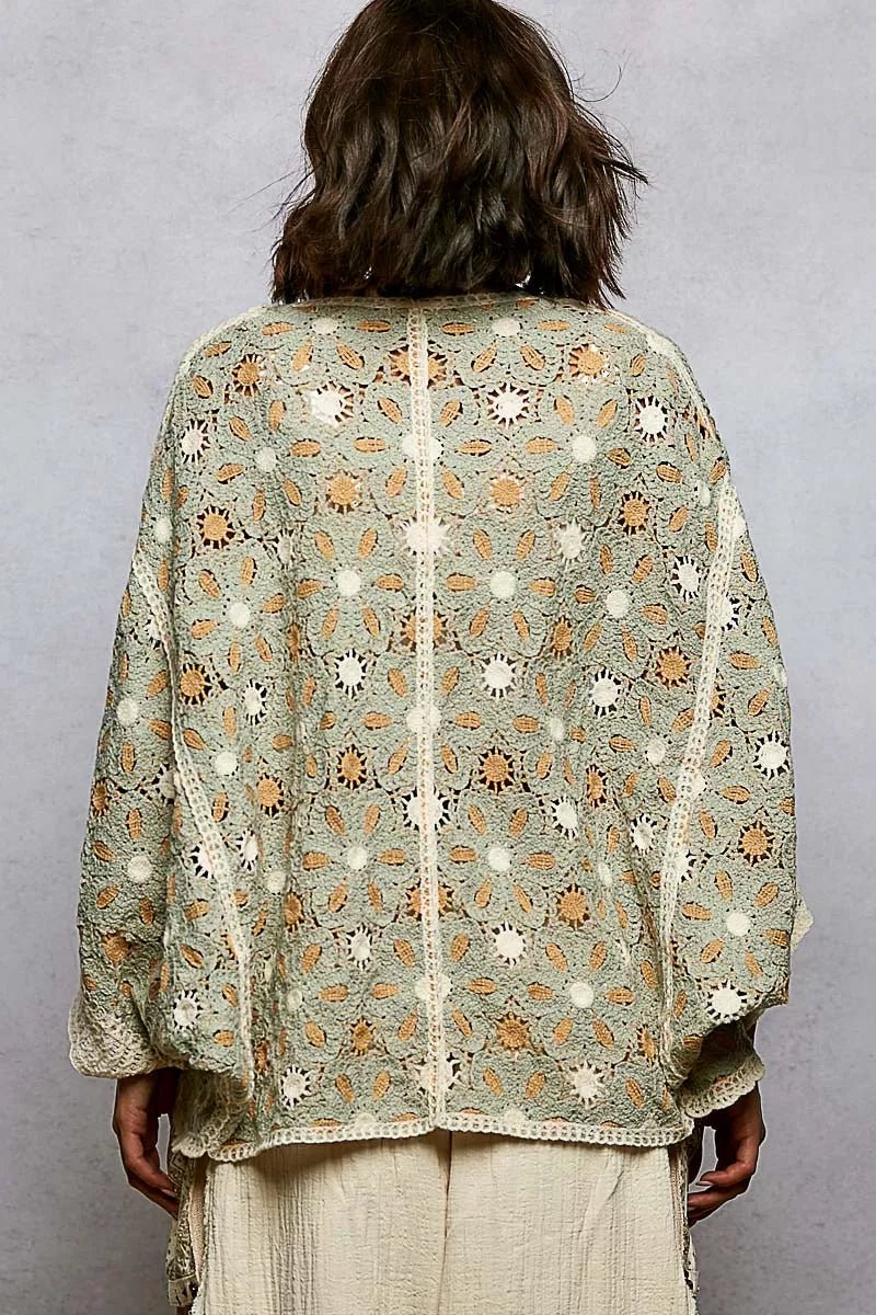 POL Open Front Floral Pattern Crochet Cardigan - Chandeliers Boutique ny