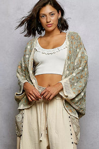 POL Open Front Floral Pattern Crochet Cardigan - Chandeliers Boutique ny