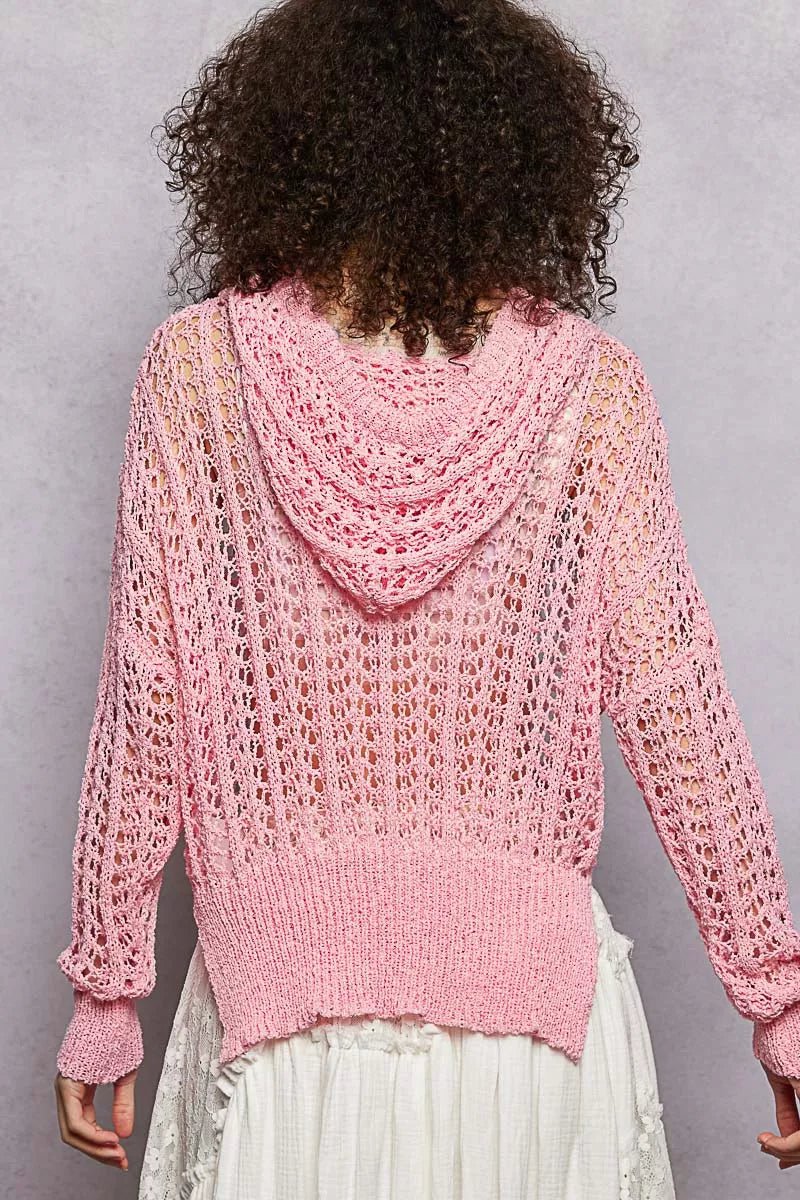 POL Openwork Round Neck High Low Knit Top - Chandeliers Boutique ny