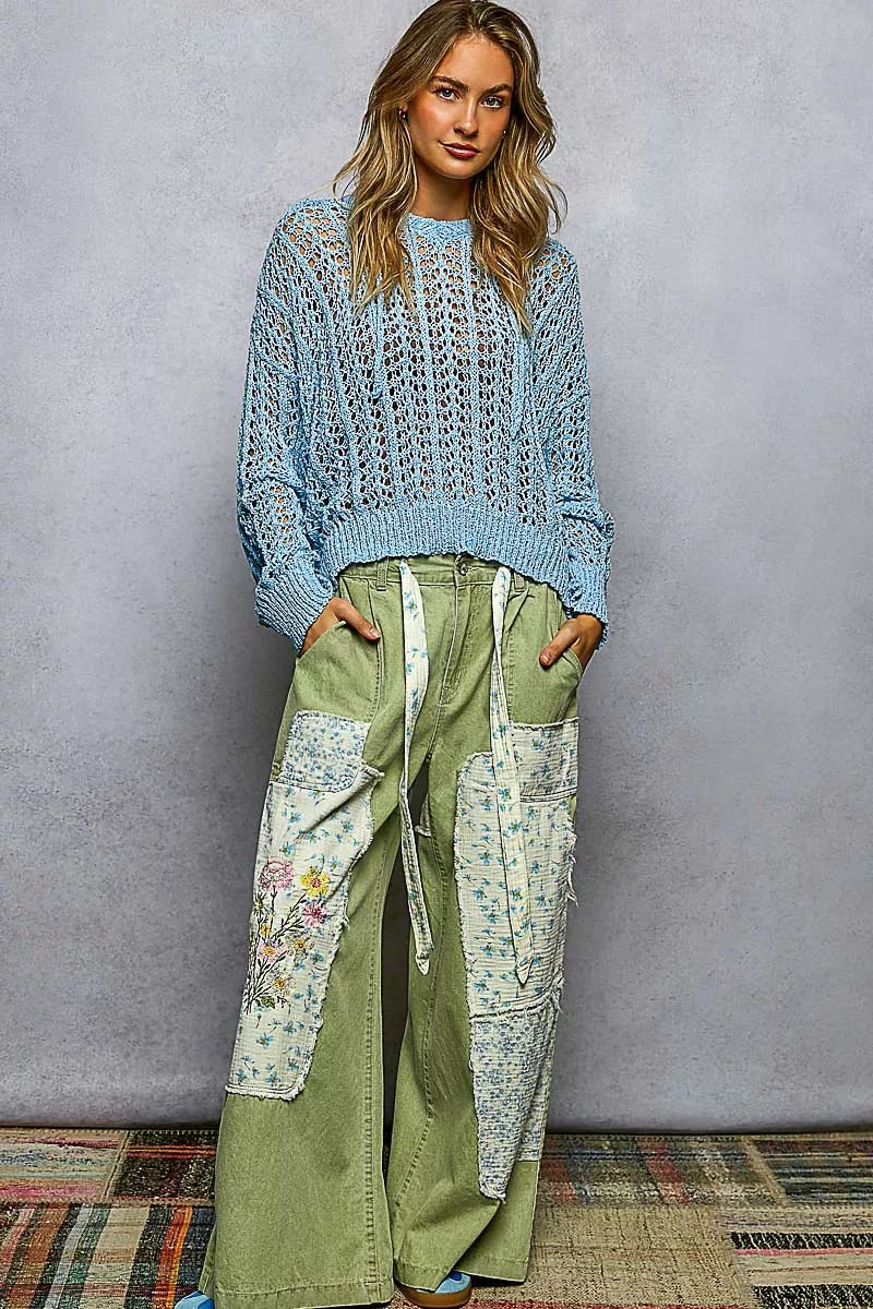 POL Openwork Round Neck High Low Knit Top - Chandeliers Boutique ny