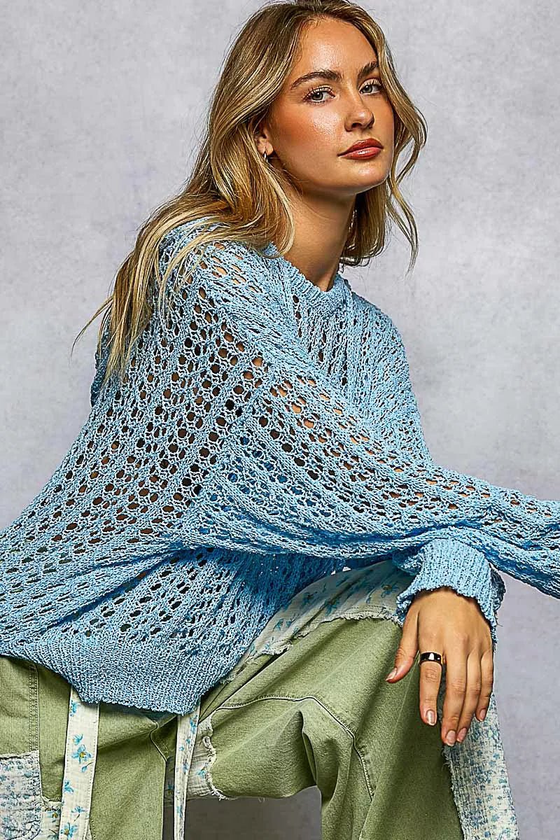 POL Openwork Round Neck High Low Knit Top - Chandeliers Boutique ny