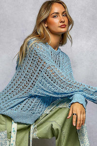 POL Openwork Round Neck High Low Knit Top - Chandeliers Boutique ny