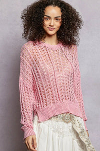POL Openwork Round Neck High Low Knit Top - Chandeliers Boutique ny