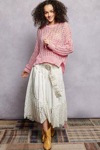 POL Openwork Round Neck High Low Knit Top - Chandeliers Boutique ny