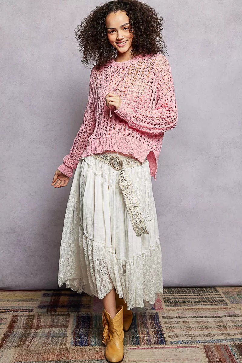 POL Openwork Round Neck High Low Knit Top - Chandeliers Boutique ny