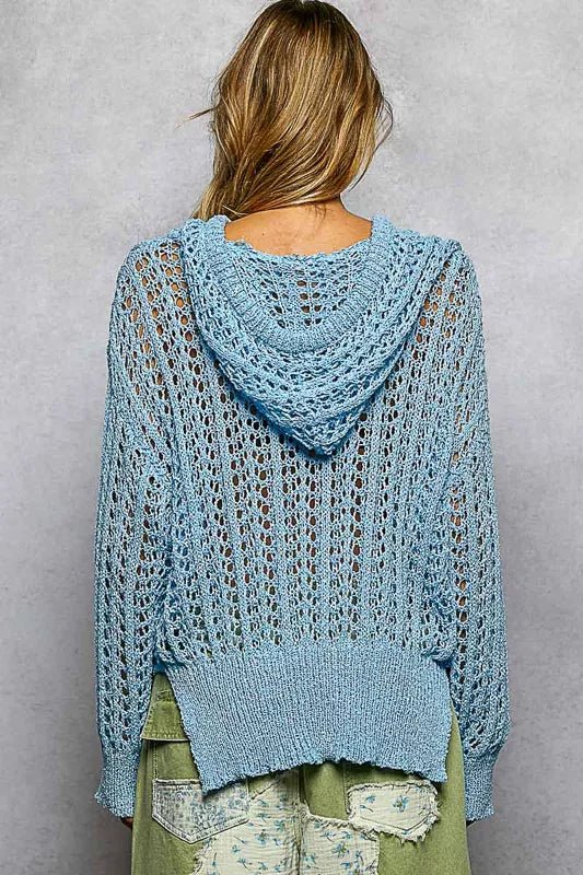 POL Openwork Round Neck High Low Knit Top - Chandeliers Boutique ny