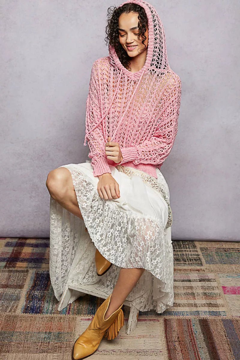 POL Openwork Round Neck High Low Knit Top - Chandeliers Boutique ny