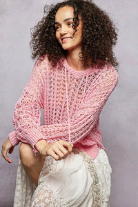 POL Openwork Round Neck High Low Knit Top - Chandeliers Boutique ny