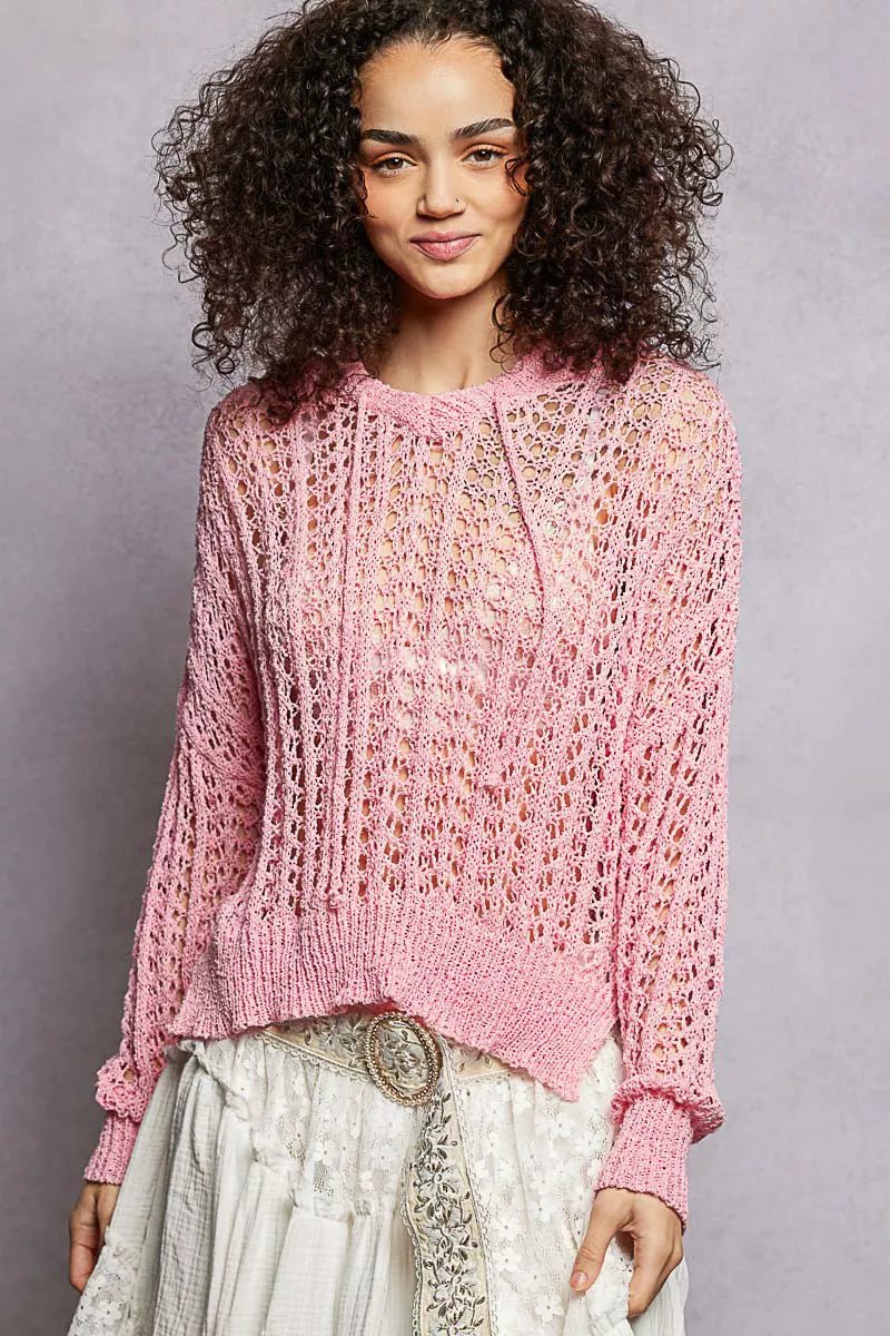 POL Openwork Round Neck High Low Knit Top - Chandeliers Boutique ny