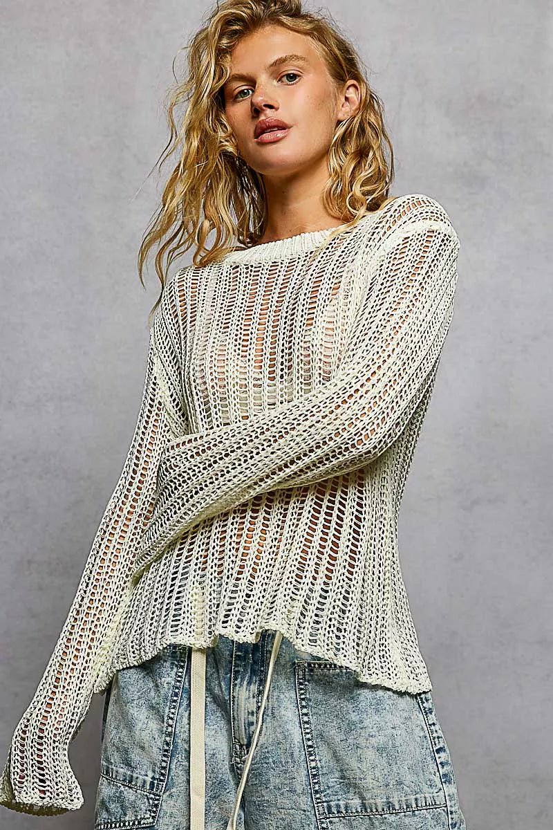 POL Openwork Round Neck Knit Cover Up - Chandeliers Boutique ny