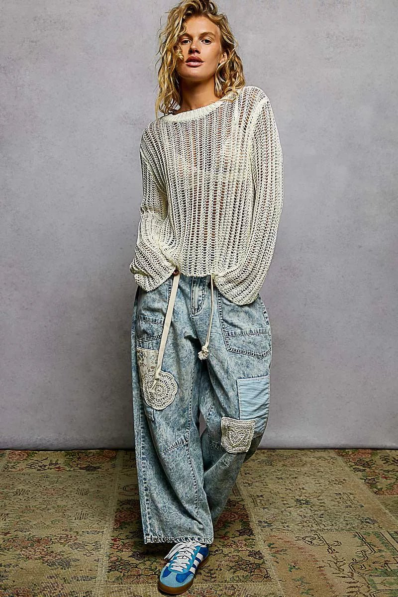 POL Openwork Round Neck Knit Cover Up - Chandeliers Boutique ny