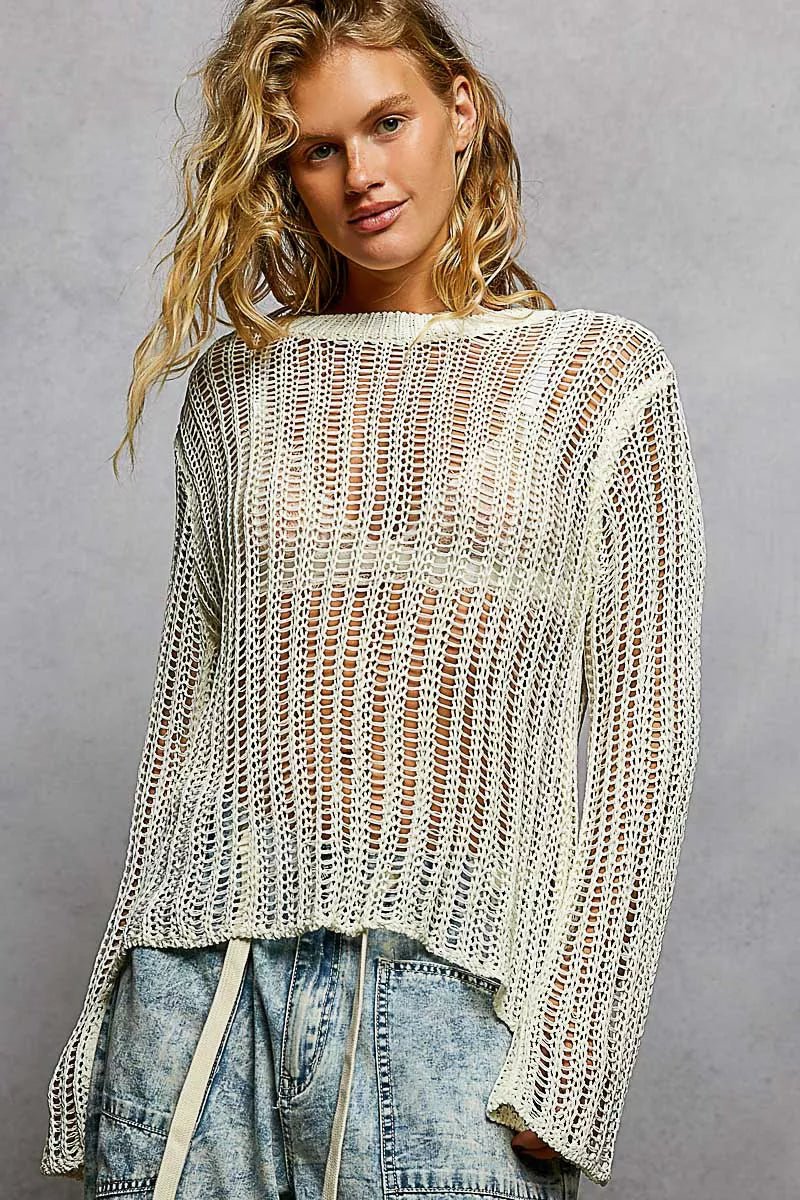 POL Openwork Round Neck Knit Cover Up - Chandeliers Boutique ny