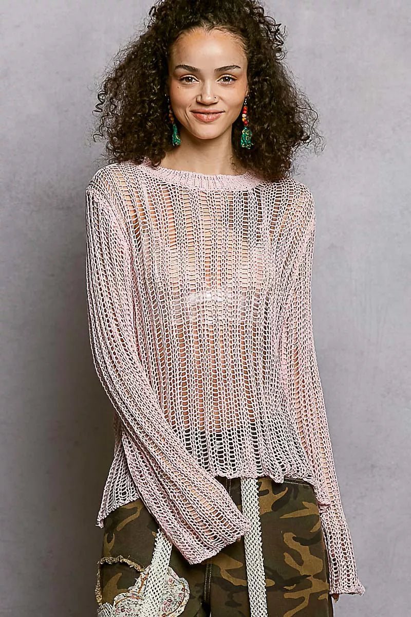 POL Openwork Round Neck Knit Cover Up - Chandeliers Boutique ny