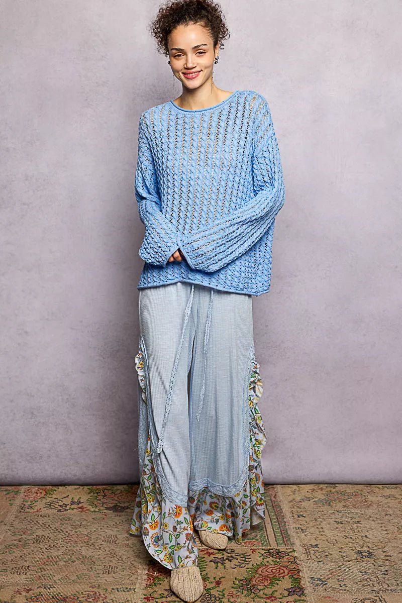 POL Openwork Round Neck Knit Top with Shiny Detail - Chandeliers Boutique ny