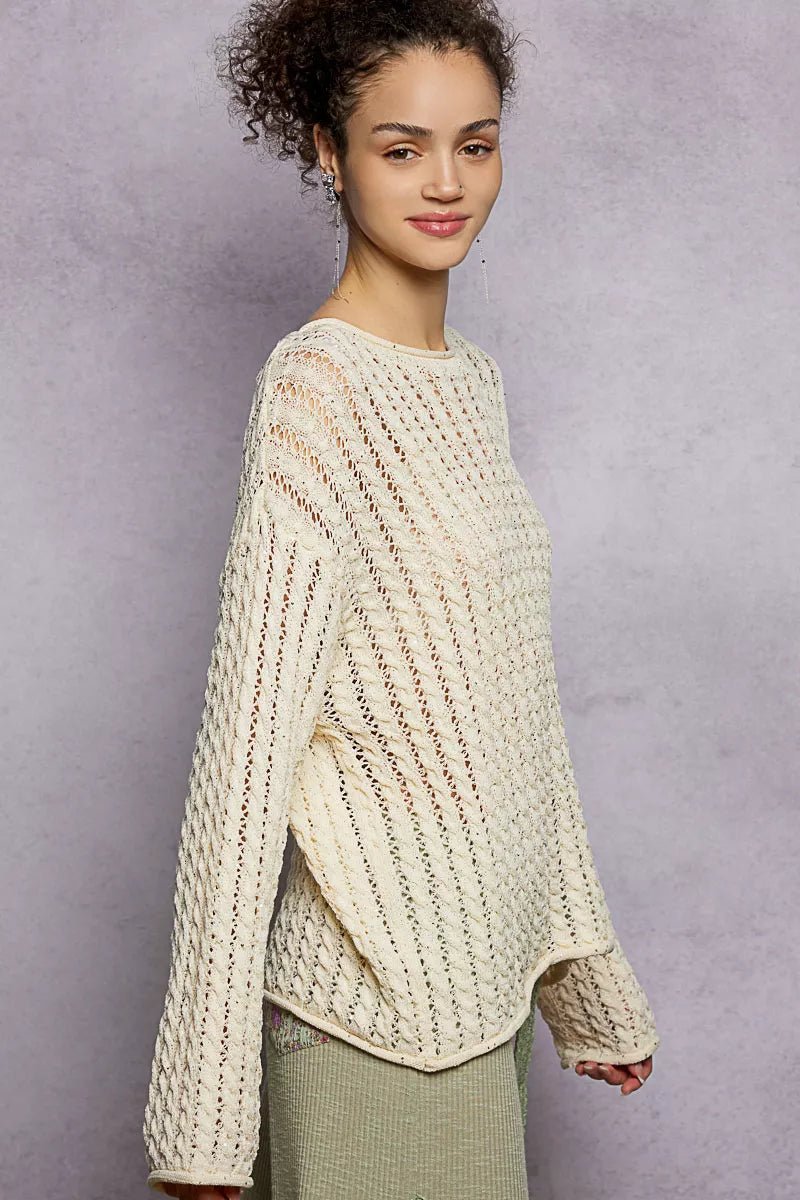 POL Openwork Round Neck Knit Top with Shiny Detail - Chandeliers Boutique ny