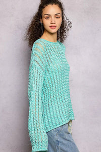 POL Openwork Round Neck Knit Top with Shiny Detail - Chandeliers Boutique ny