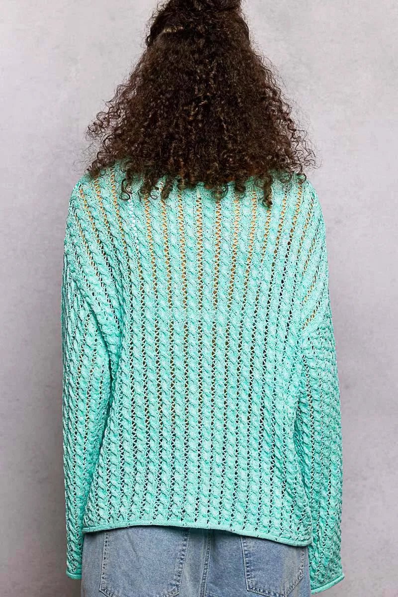 POL Openwork Round Neck Knit Top with Shiny Detail - Chandeliers Boutique ny