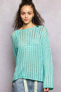 POL Openwork Round Neck Knit Top with Shiny Detail - Chandeliers Boutique ny