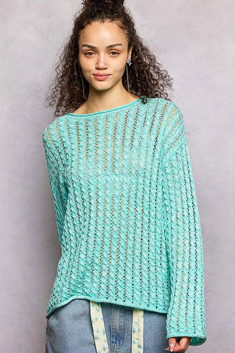 POL Openwork Round Neck Knit Top with Shiny Detail - Chandeliers Boutique ny