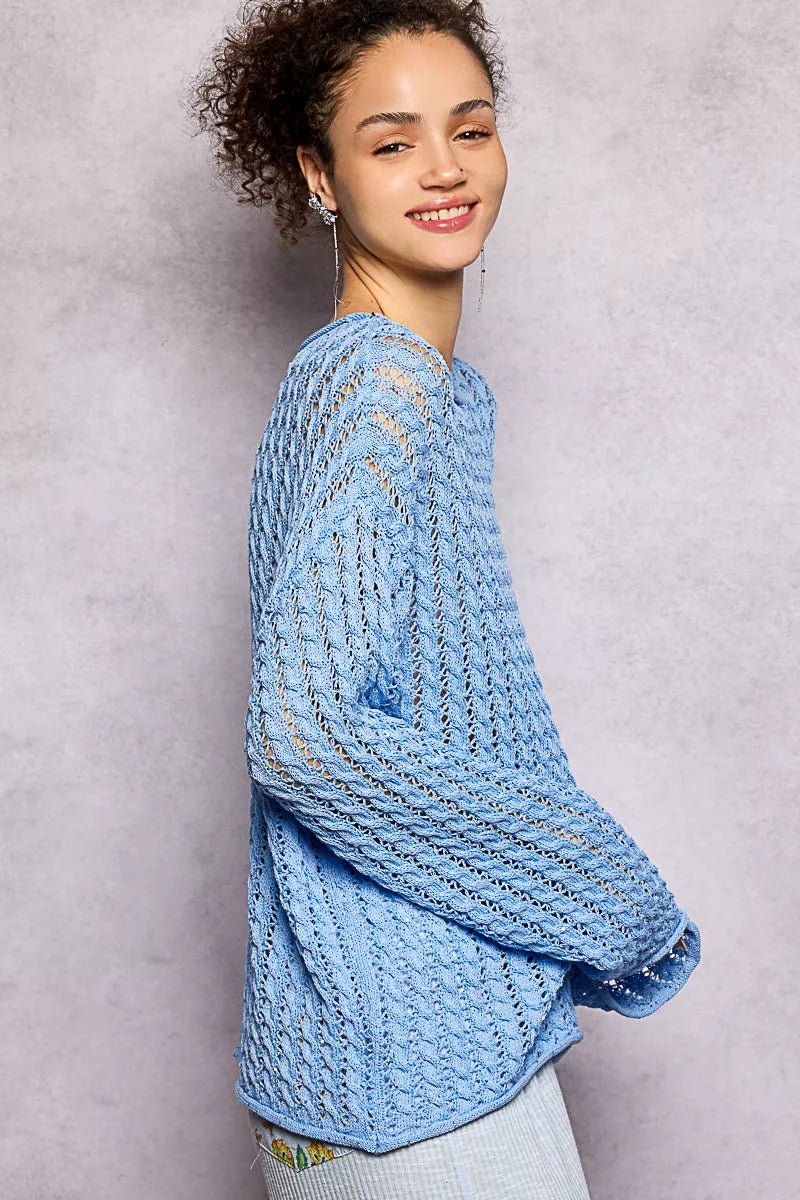 POL Openwork Round Neck Knit Top with Shiny Detail - Chandeliers Boutique ny