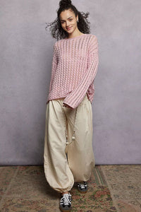 POL Openwork Round Neck Knit Top with Shiny Detail - Chandeliers Boutique ny