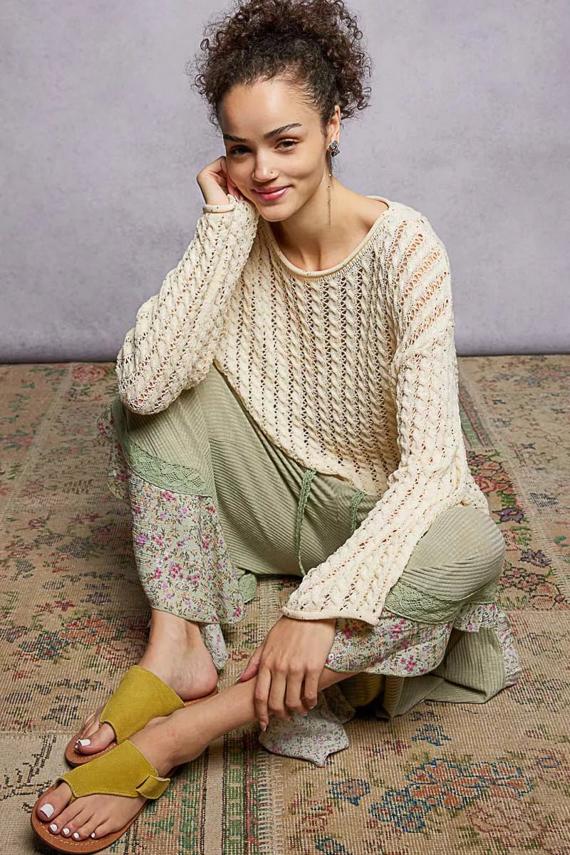 POL Openwork Round Neck Knit Top with Shiny Detail - Chandeliers Boutique ny