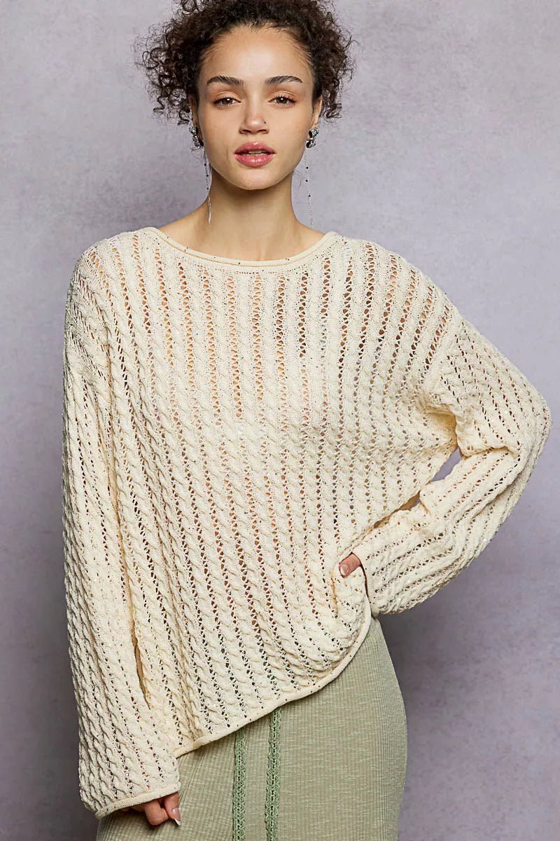 POL Openwork Round Neck Knit Top with Shiny Detail - Chandeliers Boutique ny