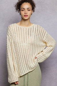 POL Openwork Round Neck Knit Top with Shiny Detail - Chandeliers Boutique ny