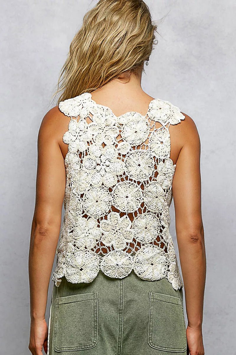 POL Round Neck Floral Crochet Sleeveless Cropped Top - Chandeliers Boutique ny