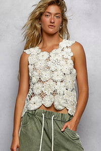 POL Round Neck Floral Crochet Sleeveless Cropped Top - Chandeliers Boutique ny
