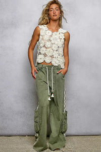 POL Round Neck Floral Crochet Sleeveless Cropped Top - Chandeliers Boutique ny