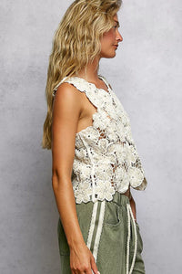 POL Round Neck Floral Crochet Sleeveless Cropped Top - Chandeliers Boutique ny