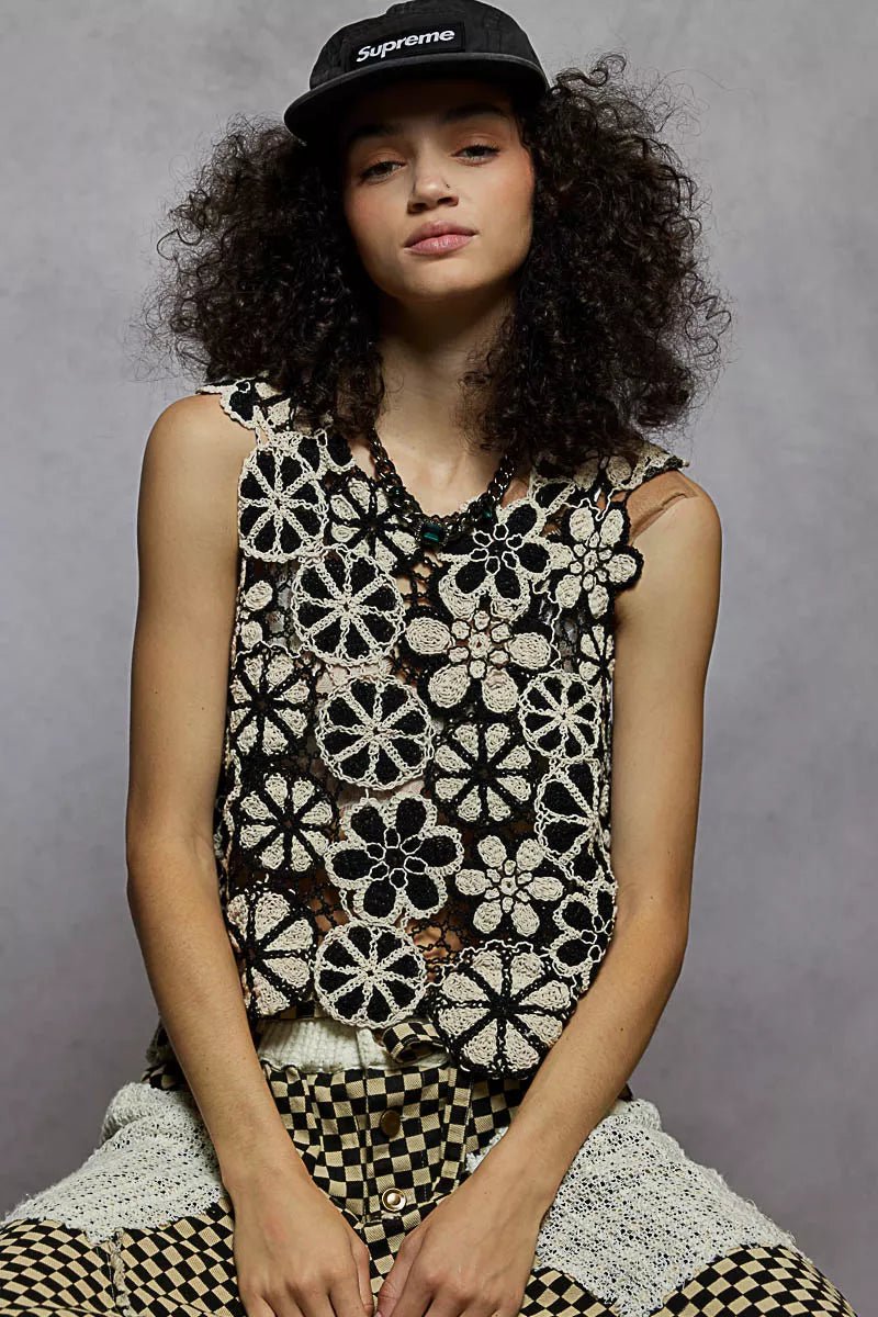 POL Round Neck Floral Crochet Sleeveless Cropped Top - Chandeliers Boutique ny