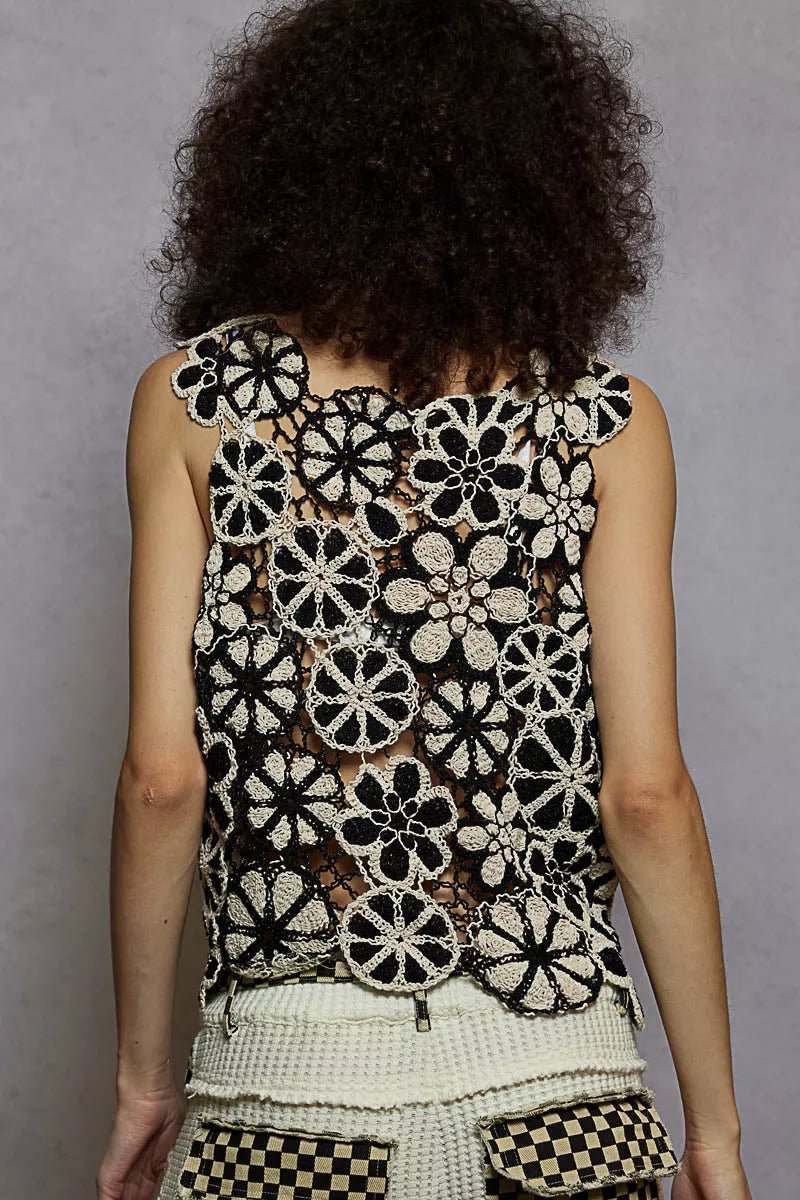 POL Round Neck Floral Crochet Sleeveless Cropped Top - Chandeliers Boutique ny