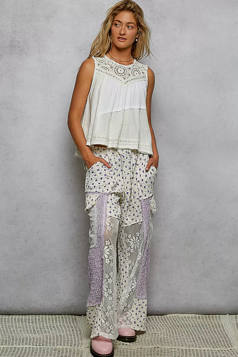 POL Round Neck Sleeveless Top with Crochet Contrast - Chandeliers Boutique ny