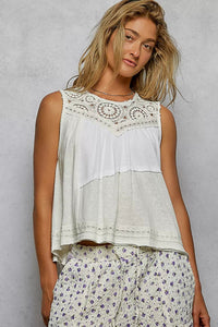 POL Round Neck Sleeveless Top with Crochet Contrast - Chandeliers Boutique ny