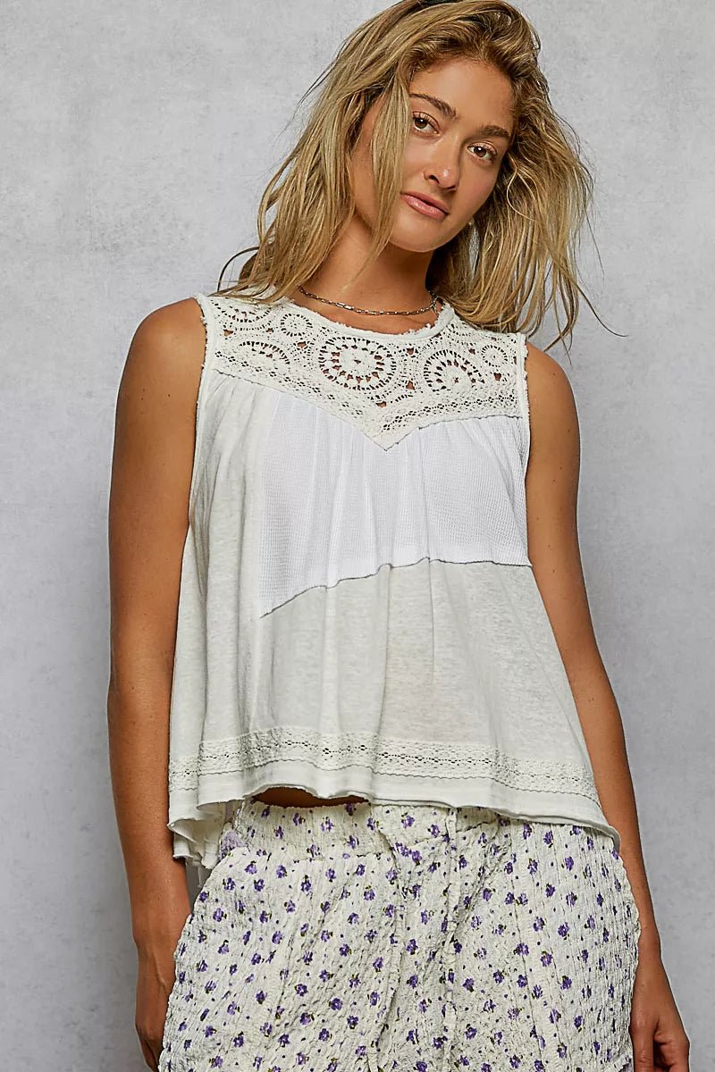 POL Round Neck Sleeveless Top with Crochet Contrast - Chandeliers Boutique ny