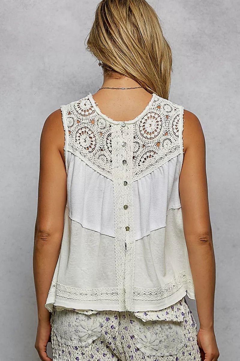 POL Round Neck Sleeveless Top with Crochet Contrast - Chandeliers Boutique ny