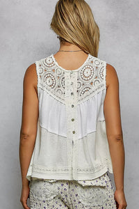 POL Round Neck Sleeveless Top with Crochet Contrast - Chandeliers Boutique ny