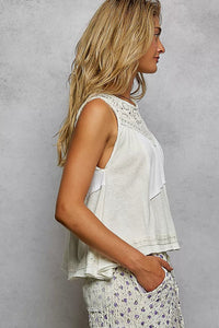 POL Round Neck Sleeveless Top with Crochet Contrast - Chandeliers Boutique ny