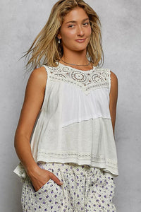 POL Round Neck Sleeveless Top with Crochet Contrast - Chandeliers Boutique ny