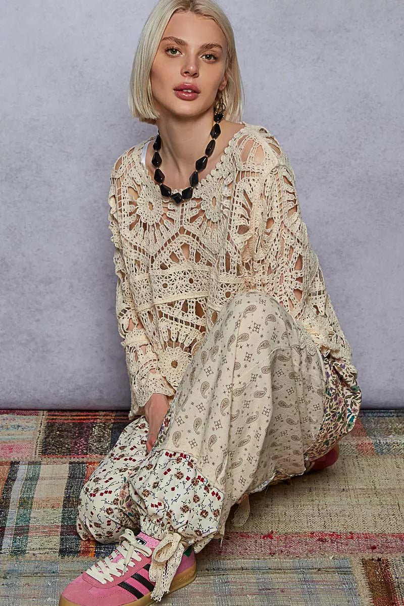 POL Round Neck Weave Knit Pattern Cropped Cover Up - Chandeliers Boutique ny