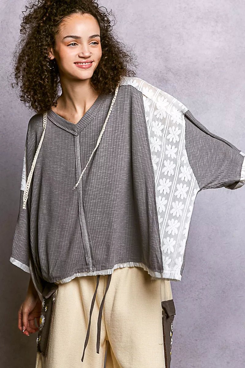 POL Short Sleeve Hoodie Top with Lace Detail - Chandeliers Boutique ny