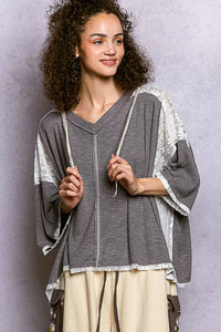 POL Short Sleeve Hoodie Top with Lace Detail - Chandeliers Boutique ny