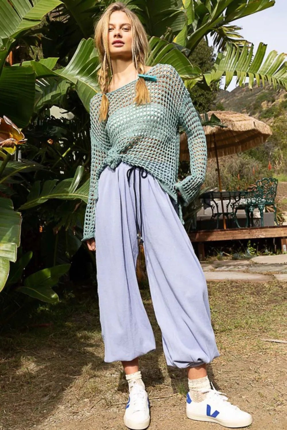 POL Side Slit Openwork Long Sleeve Knit Cover Up - Chandeliers Boutique ny